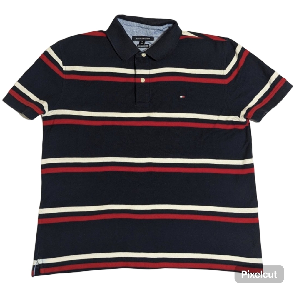 Tommy Hilfiger Red White & Blue Striped Performance Polo. Size: Large (Men's)